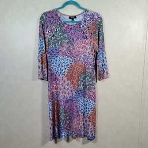 03129 MSK multi-colored feather print knit 3/4 sleeve dress L